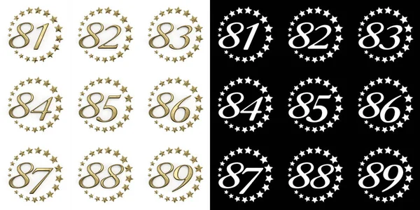 一组从81到89的数字 周年庆祝会的设计 在白色的背景上 有一圈金色的星星 阴影和阿尔法通道 3D插图 — 图库照片