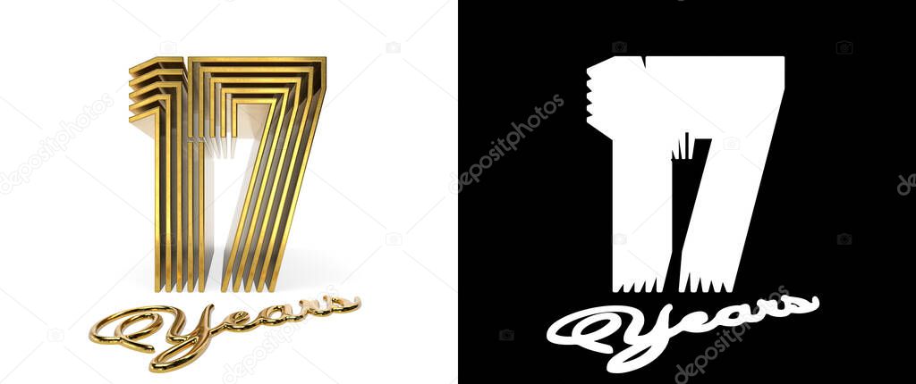 Number 17 (number seventeen) anniversary celebration design with five parallel lines on a white background with shadow and alpha channel. 3D illustration