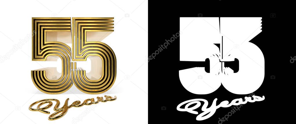 Number 55 (number fifty-five) anniversary celebration design with five parallel lines on a white background with shadow and alpha channel. 3D illustration