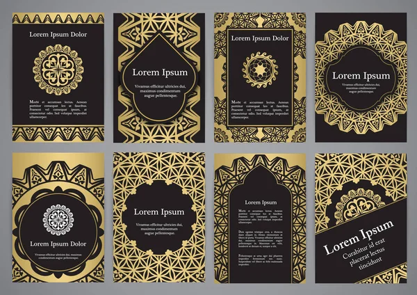 Plantillas vectoriales con mandala en colores negro, dorado y blanco — Archivo Imágenes Vectoriales
