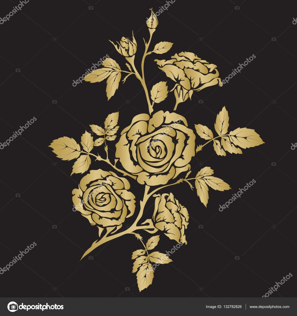 Sagoma rosa ramo con fiori aperti e boccioli mano di colore di vettore disegnato oro su sfondo nero — Vettoriali di werta w