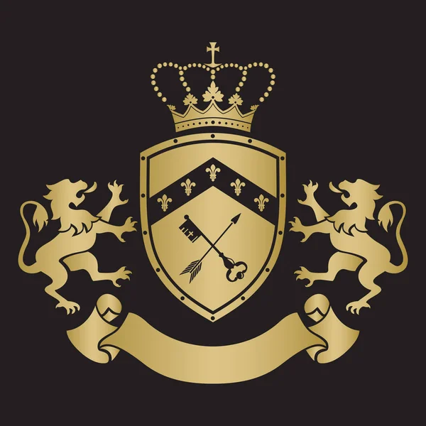 Герб - щит з короною, ключем і стрілою, дві стоячі брехні — стоковий вектор