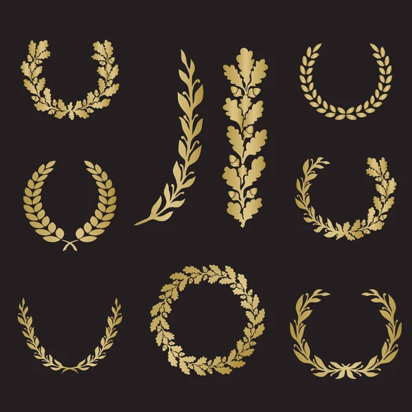 Coronas de laurel y roble silueta en diferentes formas — Vector de stock