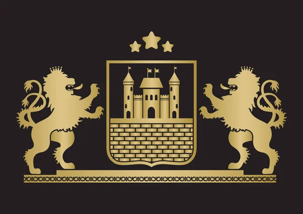 Coat of arms - shield with fortress, brick wall and two standing — Stock Illustration Coat of arms - shield with fortress, brick wall and two standing Stock Vector
