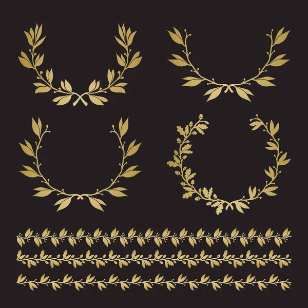 Coronas de laurel y roble silueta en diferentes formas, bordes . — Vector de stock