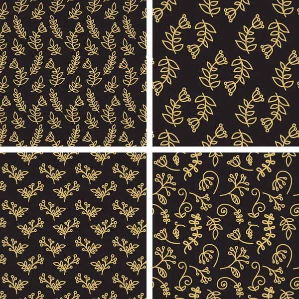 Vector seamless patterns - sketch flowers in gold and black colo — Stock Vector