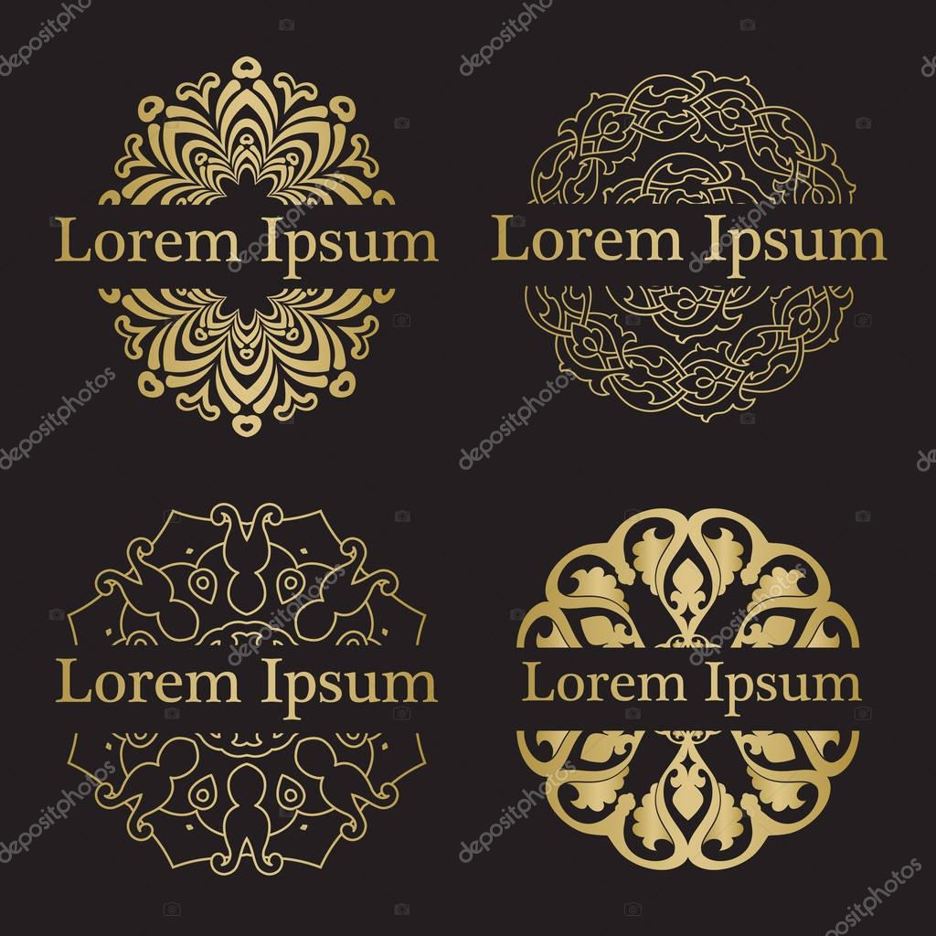 Simple and elegant floral monograms and vignettes in gold color on black background. For logo, business sign, corporate identity