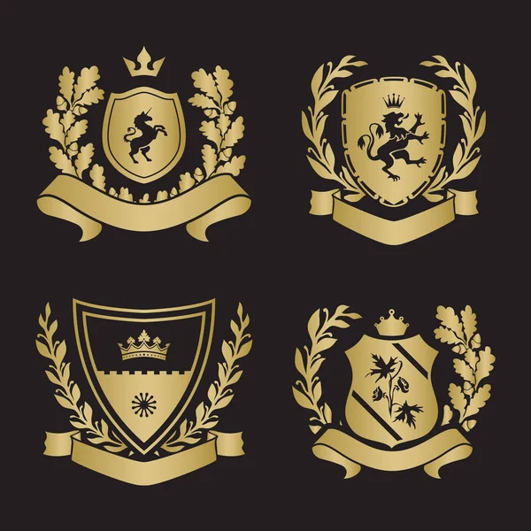 Brasões de armas escudos com coroa, unicórnio, grinalda louro em th —  Vetores de Stock