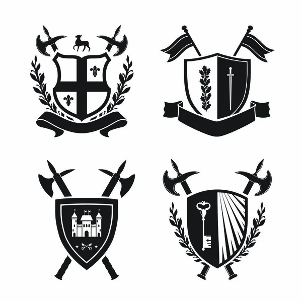 Coats of arms - shields with fleur-de-lys, town, halberds at the — Stock Vector