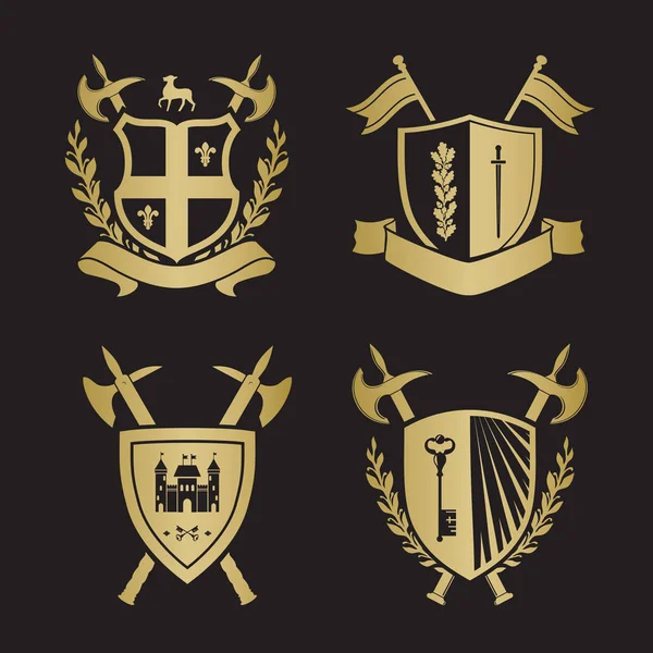 Brasões de armas - escudos com flor-de-lys, cidade, halberds no —  Vetores de Stock