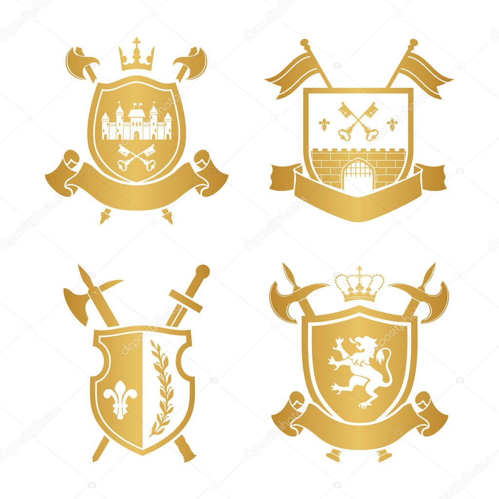 Coats of arms - shields with crown, town, halberds at the sides