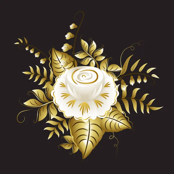 White and gold ornamental flowers on black background — Stock Vector