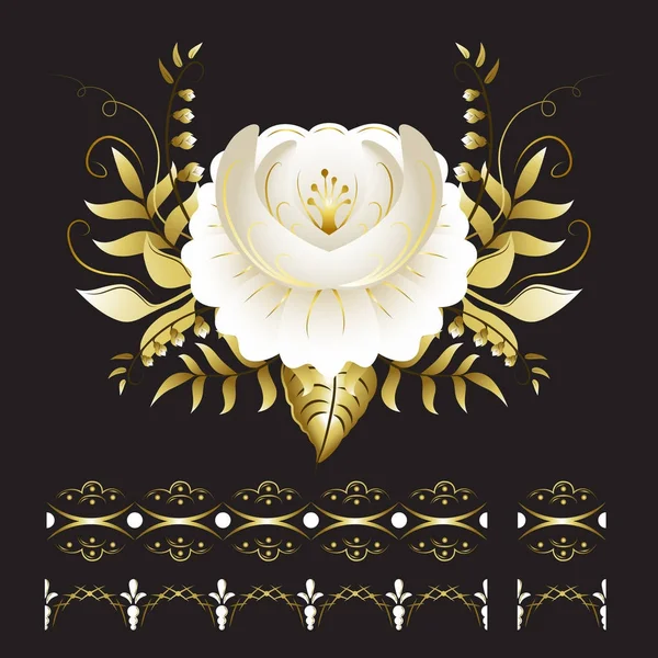 Flores ornamentales blancas y doradas sobre fondo negro — Vector de stock