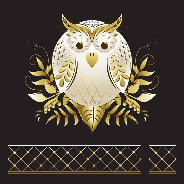 Cute white owl with gold florals — Stock Vector