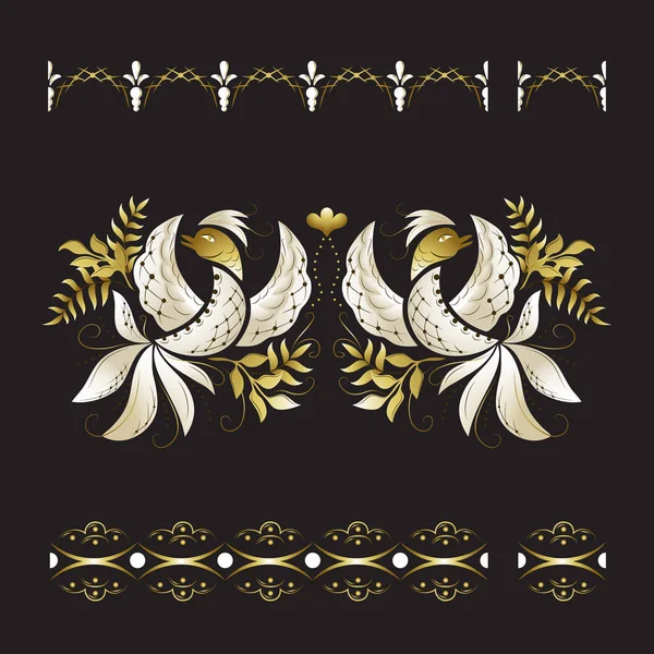Білі птахи Фенікса з орнаментом із золотого листя . — стоковий вектор