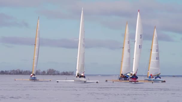 在一个阳光明媚的冬日 在一个结冰的海湾上 正在航行的冰船之间举行竞赛 凡事都是慢动作 — 图库视频影像