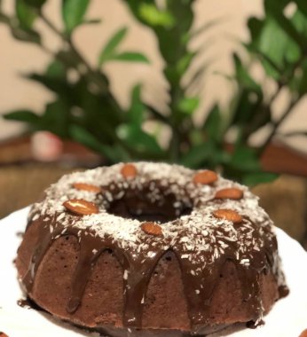 Bir saksının üzerinde fındık bademli çikolatalı kek.