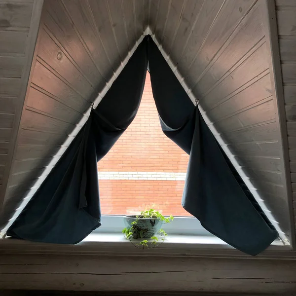Τριγωνικό παράθυρο με γλάστρα σε λευκό φόντο ξύλου — Φωτογραφία Αρχείου