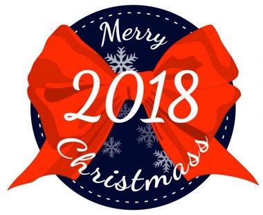 Beyaz arka plan üzerinde izole kırmızı şerit yay ile neşeli Noel 2018 poster.