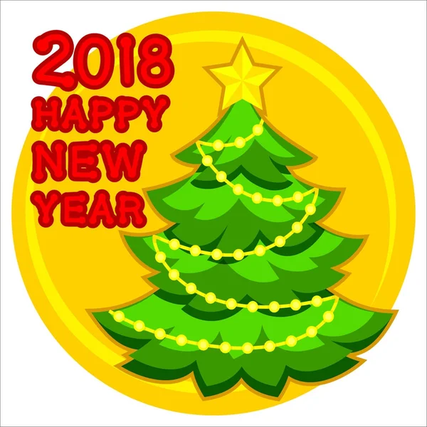 2018 Cartaz de ano novo feliz com árvore de Natal, estrela e luz guirlanda . — Vetor de Stock
