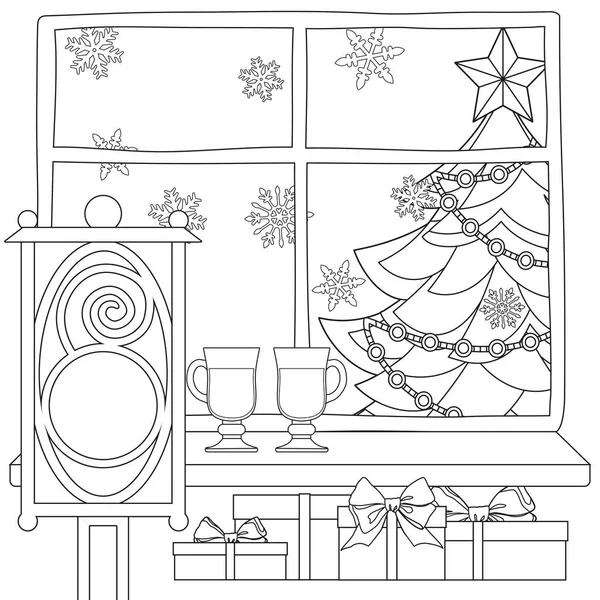 Xmas tema affisch med julgran, stjärnor, krans snöflingor, glögg, presenter, ljus, gatan lykta. — Stock vektor