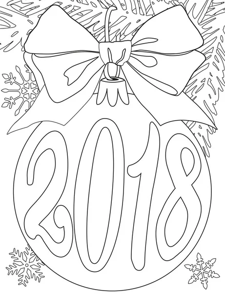 2018 cartaz preto e branco do ano novo com galho de árvore, bola de bugiganga, fita e flocos de neve . — Vetor de Stock