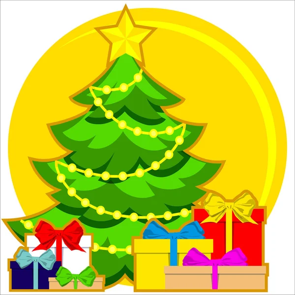 Weihnachtsthema leuchtend buntes Poster mit Weihnachtsbaum, Stern, Lichtergirlanden und Stapel von Geschenken. — Stockvektor