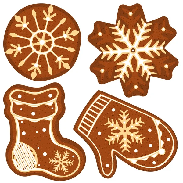 Gingerbread sock, glove and snowflakes colorful bright poster. — Stock Vector