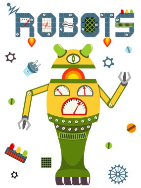 Parlak renkli poster vintage robot ve teknoloji ile.