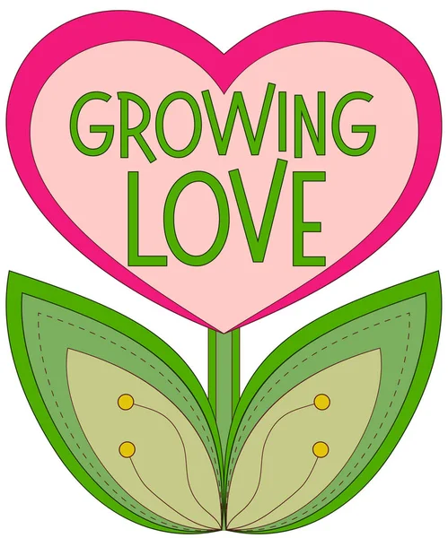 Growing love poster with heart shaped plant isolated on white background. — Stock Vector