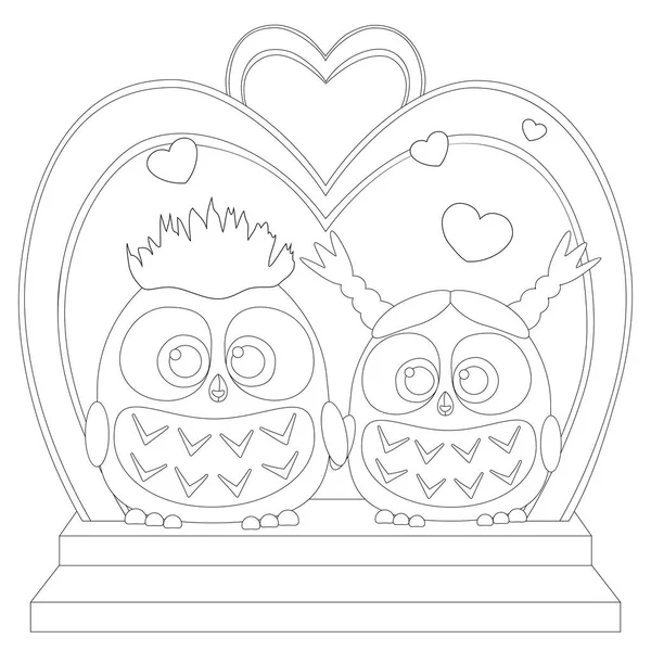 Lindo bebé búho en el amor cartel de la boda en blanco y negro, corazón, arco, escalera — Vector de stock