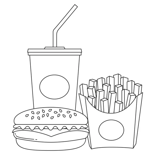 Preto e branco linha de arte cartaz fast food refrigerante hambúrguer batatas fritas — Vetor de Stock