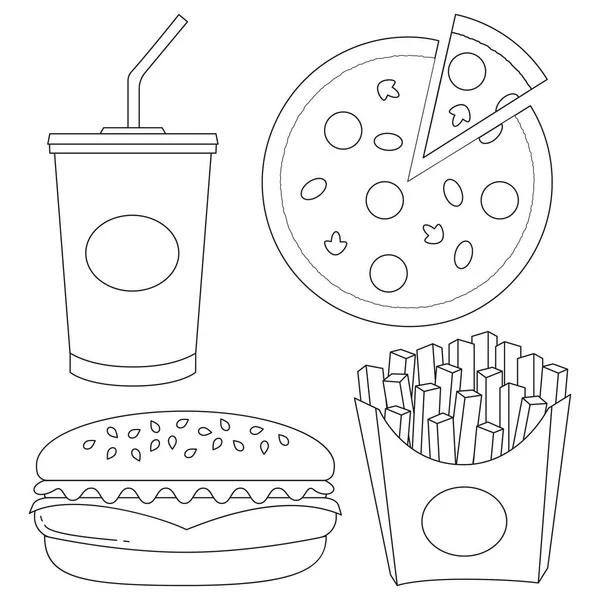 Conjunto de ícones de fast food preto e branco — Vetor de Stock