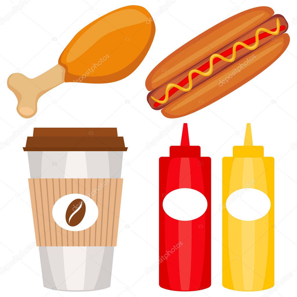 Colorful fast food icon set poster. Coffee fried chiken hotdog ketchup mustard. Junk food vector illustration for certificate banner sticker, badge sign, stamp, logo, icon label.
