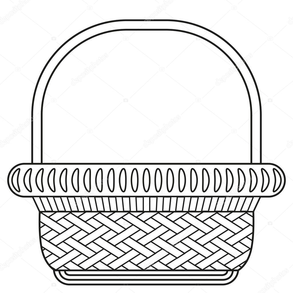 Line art black and white wicker basket shopping cart icon poster. Coloring book page for adults and kids. Vector illustration for gift card, flyer, certificate or banner, icon, logo, patch, sticker