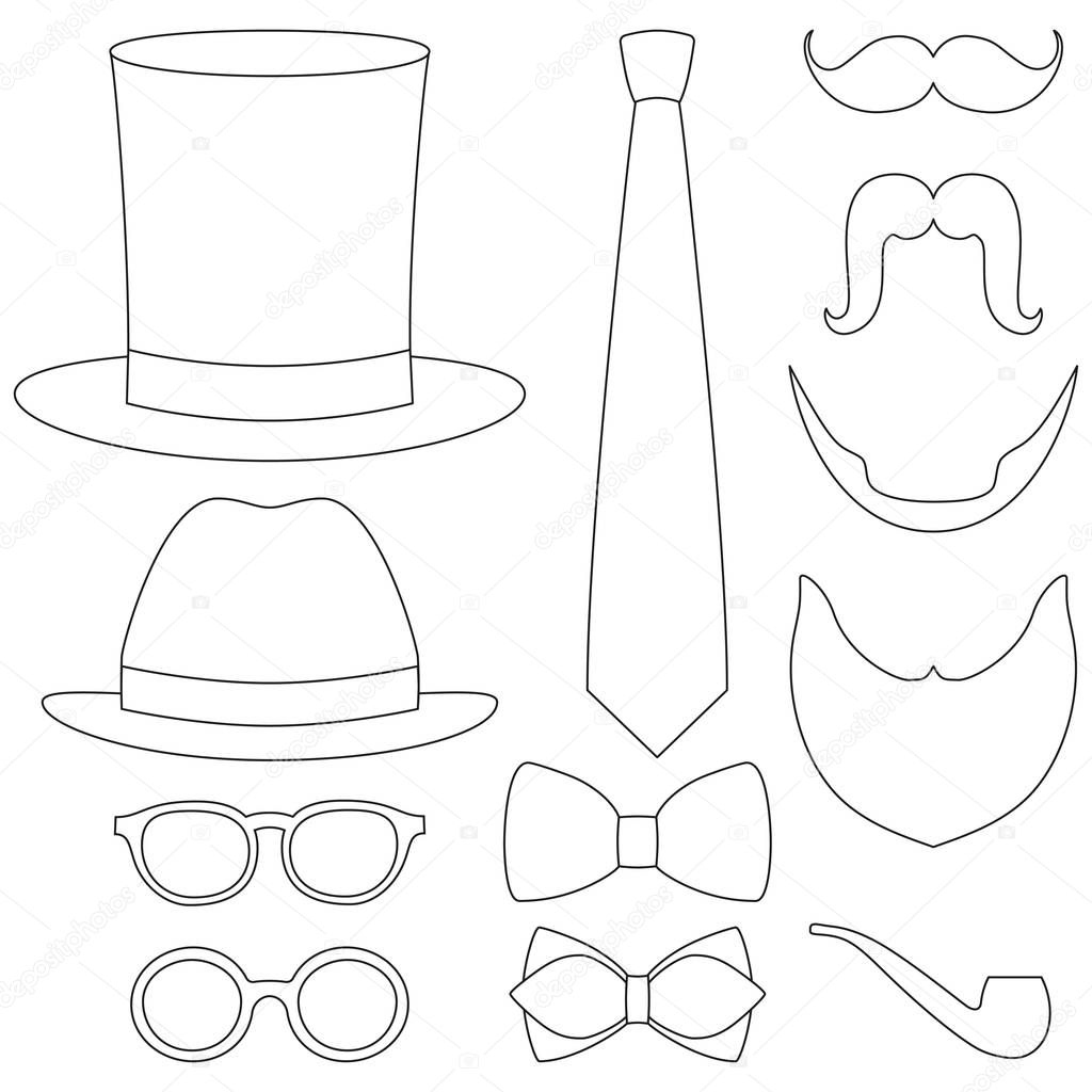 Icon line art poster man father dad day element set. Coloring book page for adults and kids. Hipster vector illustration for gift card certificate banner sticker badge stamp logo, label.