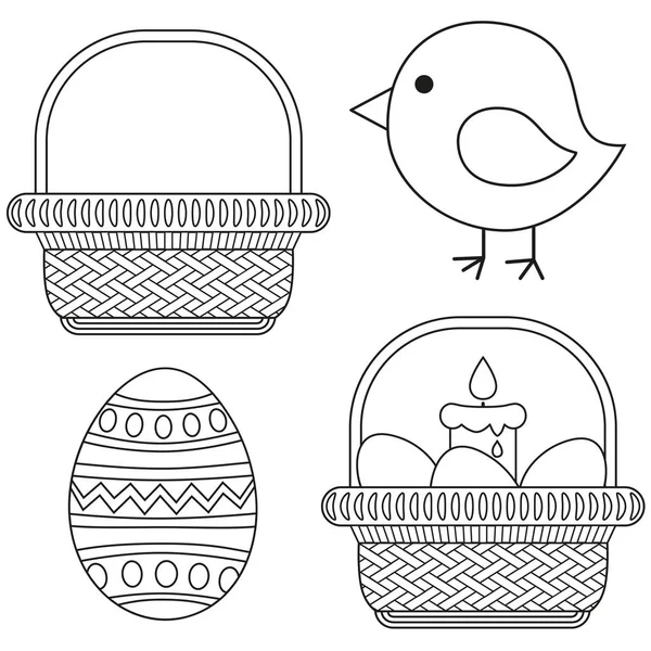 Línea de arte negro y blanco icono de Pascua conjunto pollo vela huevo cesta icono conjunto . — Vector de stock