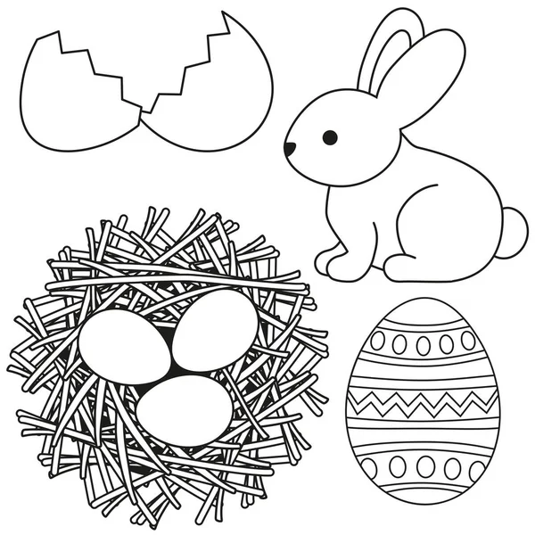 Línea de arte negro y blanco icono de Pascua conjunto huevo conejo conejito pollo nido icono conjunto . — Vector de stock