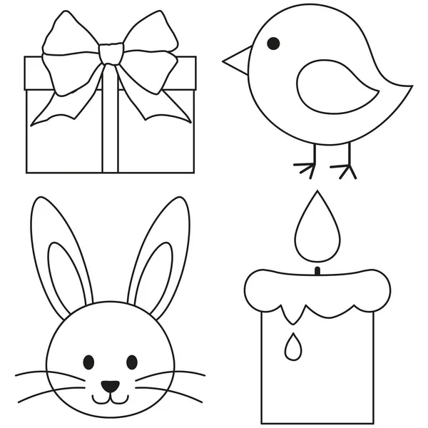 Line art black and white easter icon set chicken chick bunny face candle, gift box.