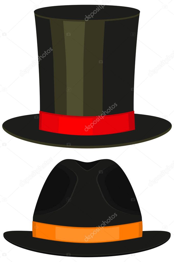 Cartoon icon poster man father dad day tall hat cap colorful set. Man fashion cap vector illustration for gift card certificate banner sticker badge stamp logo, label.