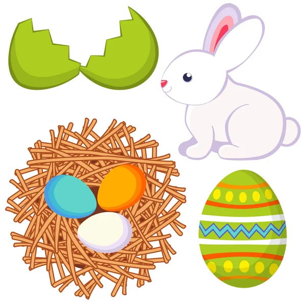 Pictogrammenset cartoon easter egg shell bunny kip nest pictogramserie. — Stockvector