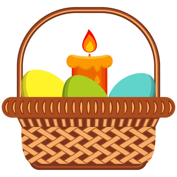 Caricatura Pascua huevo vela mimbre cesta icono cartel . — Vector de stock