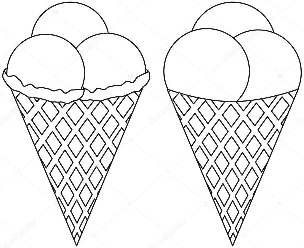 Black and white line art icon ice cream cone 3 ball set. Coloring book page for adults and kids. Summer fast food vector illustration for gift card, flyer, certificate or banner, logo, patch, sticker