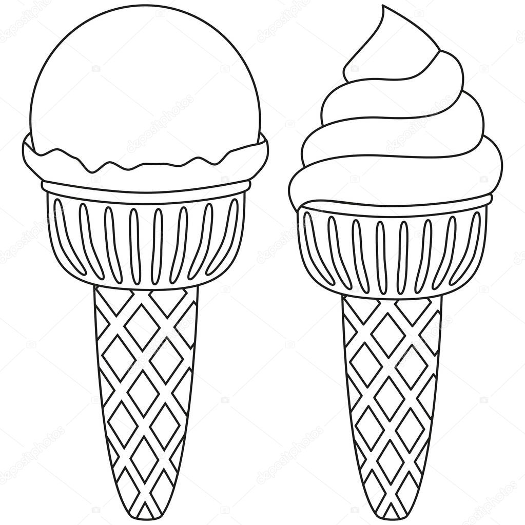 Line art ice cream black and white icon set. Coloring book page for adults and kids. Summer fast food vector illustration for gift card, flyer, certificate or banner, icon, logo, patch, sticker
