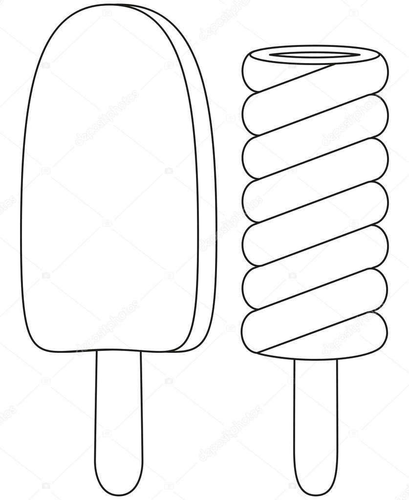 Black and white line art icon fruit chocolate ice cream popsicle set. Coloring book page for adults and kids. Summer fast food vector illustration for gift card certificate banner logo, patch, sticker