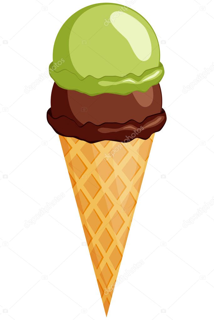 Colorful chocolate mint ice cream cone icon. Summer comfort fast food vector illustration for gift card, flyer, certificate or banner, icon, logo, patch, sticker