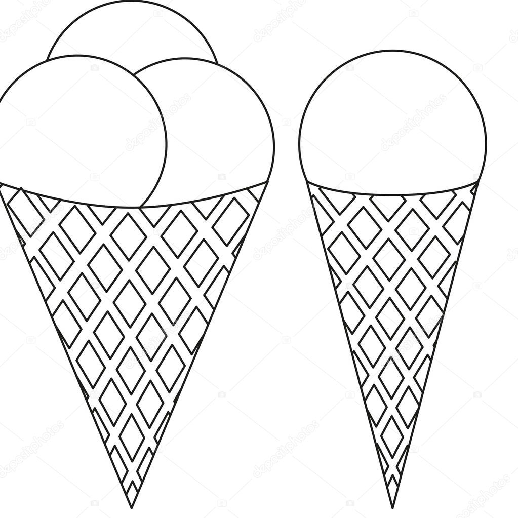 Ice cream ball cone black and white icon set. Coloring book page for adults and kids. Summer fast food vector illustration for gift card, flyer, certificate or banner, icon, logo, patch, sticker