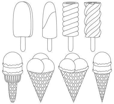 8 öğeleri dondurma koni siyah beyaz Icon set.