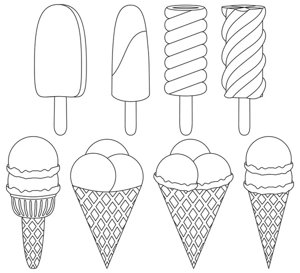 Ice cream Ikonuppsättning cone svartvita 8 element. — Stock vektor