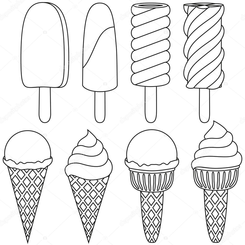 Black and white Ice cream cone icon set 8 elements. Coloring book page for adults and kids. Summer fast food vector illustration for gift card, flyer, certificate or banner, icon, logo, patch, sticker